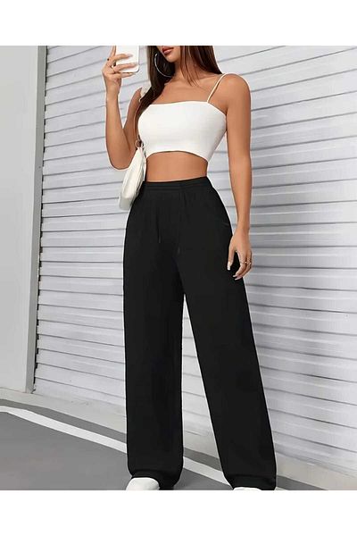 CAONNES Women's Seasonal Loose Wide Leg High Waist Navy Blue Sweatpants-Asel01