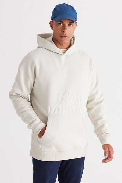 AC&Co / Altınyıldız Classics Men's Beige Oversize Fit Loose Cut Hooded 3 Thread Printed Sweatshirt with Fleece Inside
