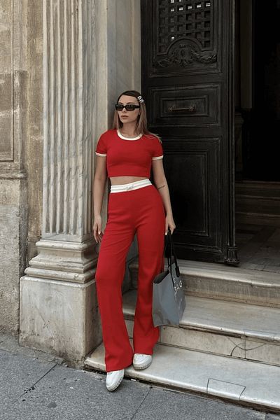 Zerenyus Pants and Piping Crop 2 Piece Set Red