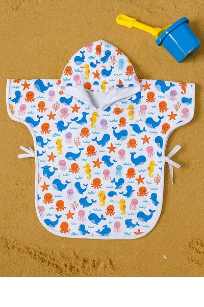 S&R Towel Baby Children's Poncho Beach Towel with Hood and Tie Fish Pattern