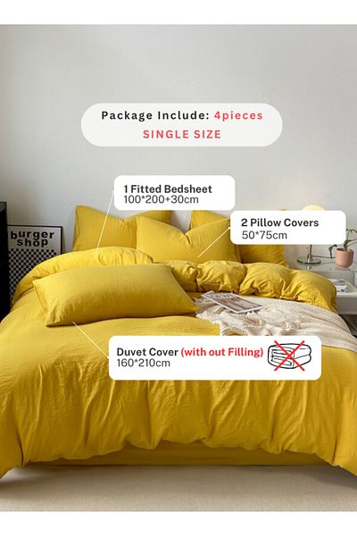 LUNA HOME Single Size 4 piece Bedding Set Without Filling, Washable Cotton Yellow Color 160x210cm.