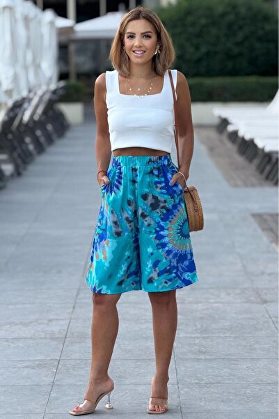 Nevin Kaya Moda TEK ŞORT Mavi Etnik Desenli