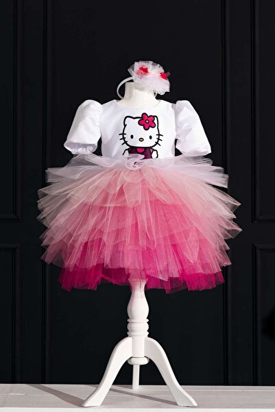 YAĞMUR KOStütüM Kız Çocuk Hello Kitty Baskılı Beyaz Doğum Günü Elbisesi & Parti Kostümü Taç Hediye!!!