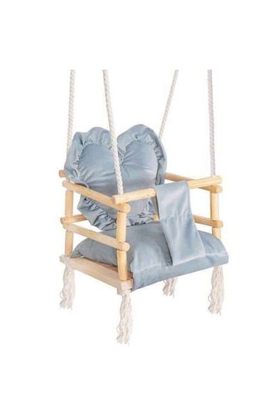 Springos Leagan pentru copii, lemn, perna inima albastru deschis, 33.4&#215;34.5&#215;25 cm,