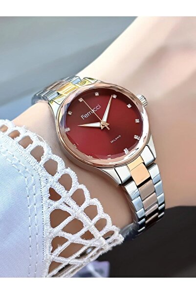 Ferrucci Milano Kadın Kol Saati – Taş Detaylı Bordo Kadran, İki Renkli Metal Kordon,