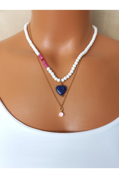 LemaStone قلادة من الحجر الطبيعي؛ حجر لاف الأبيض. قلادة من حجر اللازورد على ش...