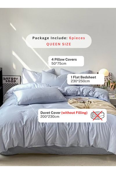 LUNA HOME Queen Size 6 Piece Bedding Set Without Filling, Washable Cotton Sky Blue Color 200x230cm.