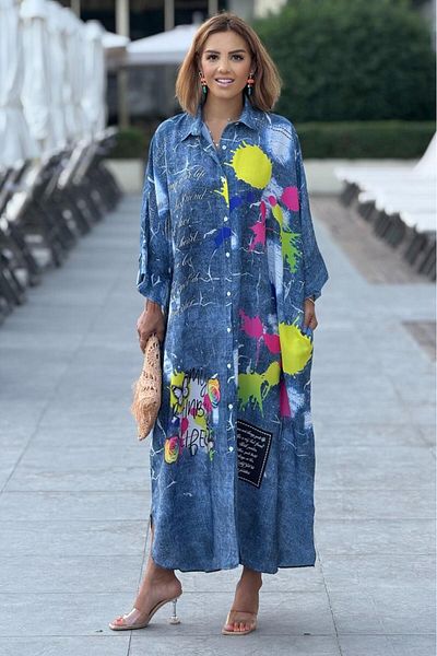 Nevin Kaya Moda Μπλε Boho Watercolor Pattern Casual Φόρεμα