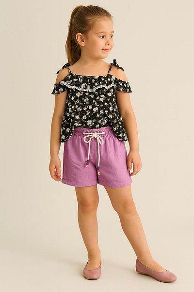 Esterella Girl's Viscose Floral Shorts Bottom-Top Set/ Ruffled Lacing Detail Shorts Set