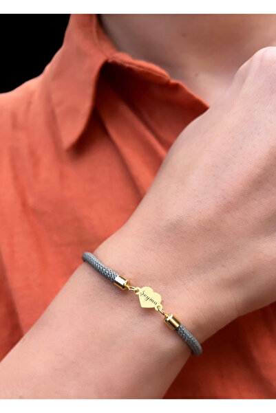 ARCHINO GOLD Altın Plakalı 14 Ayar Şeyma İsmine Özel Kalp Motifli Gri İpek Ör...