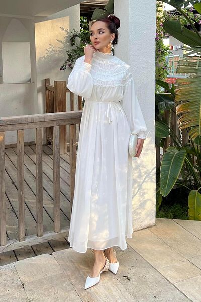 Omarı Gathered Chiffon Dress White