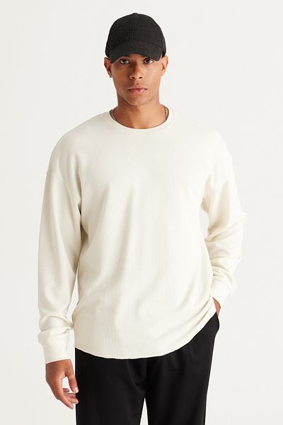 AC&Co / Altınyıldız Classics Men's Beige Loose Fit 3 Thread Crew Neck Jacquard Sweatshirt with Fleece Inside