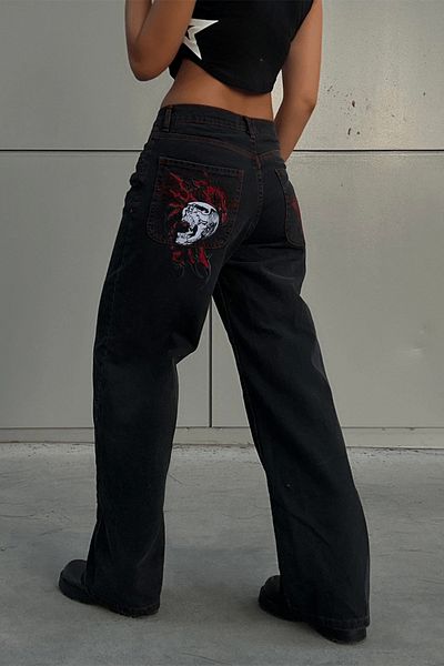 Karakedi Y2k Red Skull Pattern Πλενόμενο φαρδύ τζιν