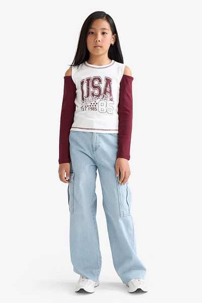 DeFacto Girls Slim Fit Slim Fit Crew Neck Printed Rib Long Sleeve T-Shirt F7582A825Au