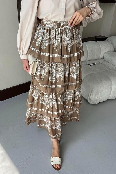 BİNAAR Patterned Layered Voile Skirt Oil Green