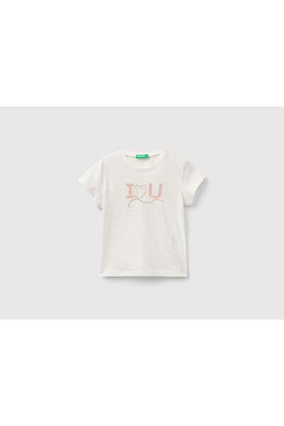 United Colors of Benetton تي شيرت مخطط بأكمام قصيرة للفتيات مع تطريز أمامي