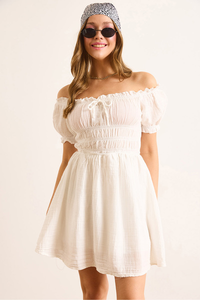 Olalook Women's White Muslin Collar Lace-Up Skirt Lined Mini Dress Elb-19002497