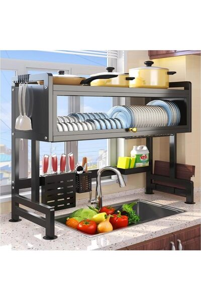 ZAICA رف تجفيف أطباق متين بثلاث طبقات فوق الحوض مع خزانة مقاومة للغبار (أسود)