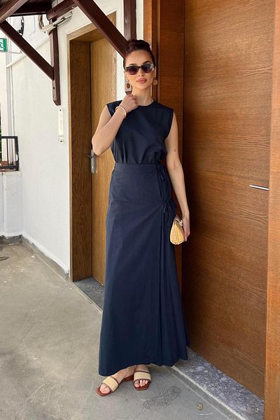 BİNAAR Linen Skirt Navy Blue