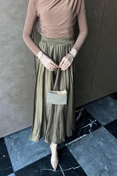 BİNAAR Stoned Kraş Satin Skirt Oil Green
