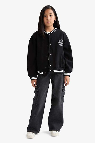 DeFacto Girls Printed College Collar Thick Bomber Cardigan F2194A825Au