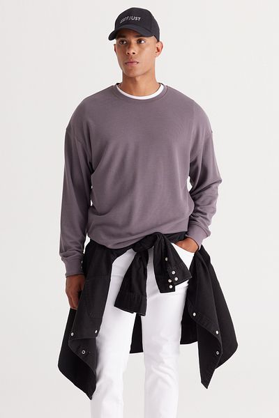 AC&Co / Altınyıldız Classics Men's Dark Gray Loose Fit 3 Thread Crew Neck Jacquard Sweatshirt with Fleece Inside