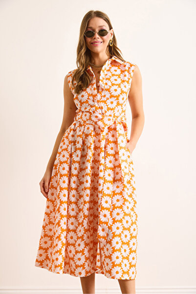 Olalook Women's Orange Hidden Placket Belted Maxi Woven Dress Elb-19002496