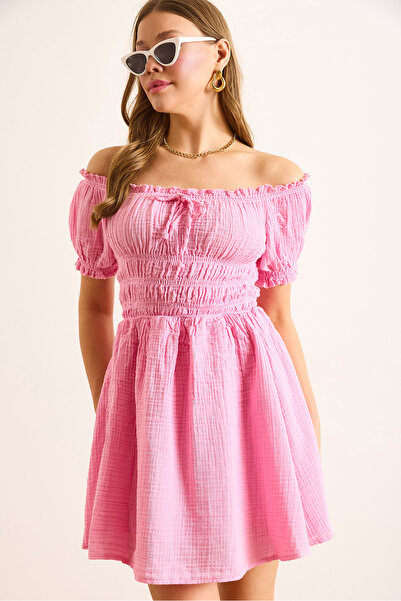 Olalook Γυναικείο Μίνι Φόρεμα με Ροζ Μουσελίνα με κορδόνια με επένδυση ELB-19002497