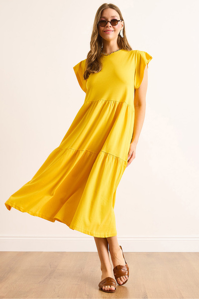Olalook Women's Mustard Sleeve Ruffle Fragment Midi Cotton Dress Elb-19002445