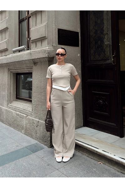 KAZAX Button Collar Beige Bottom Top Set S3943 – Affordable, Fast Shipping, Trending Product - Stylish Design - Stylish...