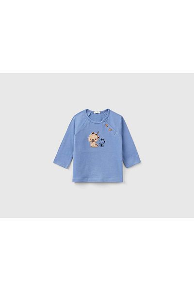 United Colors of Benetton Infant Long Sleeve Cotton T-Shirt with Front Print and Buttons
