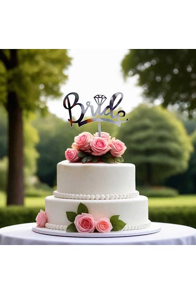 HOBİ Bride Written Ring Shaped Cake Decoration Silver Color (1 Piece)
