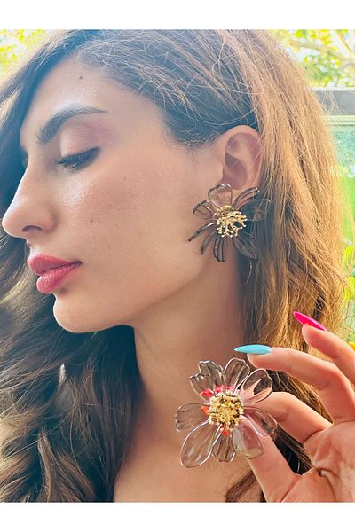 Gönülden Tasarım Flowered Mica Women's Earrings 7 cm Black
