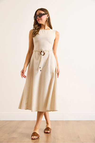 Olalook Women's Stone Belt Detailed Midi Linen Dress Elb-19002488