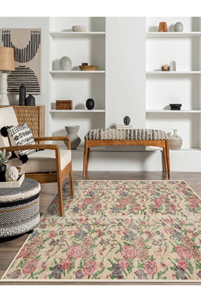 rugseason Vitage krem çiçekli eskitme model dokuma taban kilim