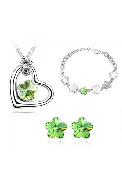 Kelan Set Flower Emerald “Isabela” – Jewelry with green crystals, plated with silver S925
