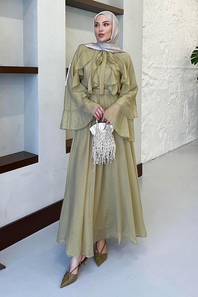 BİNAAR Spanish Sleeve Ruffle Skirt Suit Linden Green