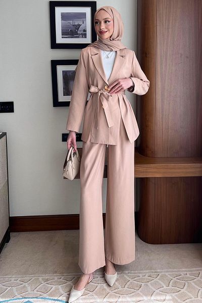 BİNAAR Front Slit Blazer Suit Salmon
