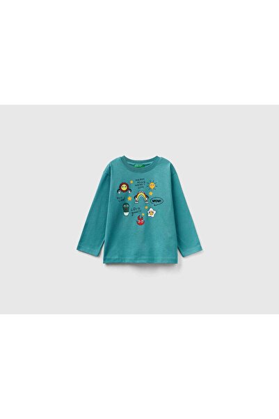 United Colors of Benetton تي شيرت أطفالي بأكمام طويلة من القطن العضوي مع طباع...
