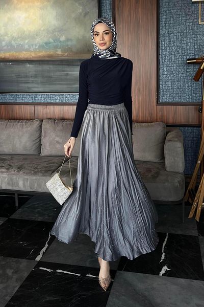 Moda Ebrar Stoned Kraş Satin Skirt Gray
