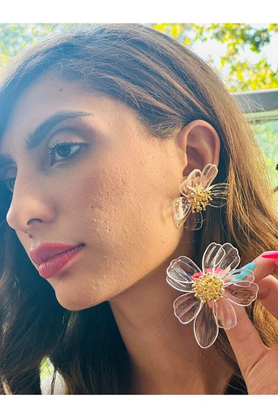 Gönülden Tasarım Flowered Mica Women's Earrings 7 cm White