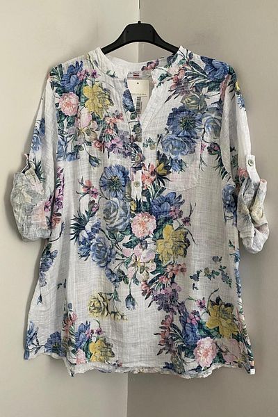 AYASOFYA OTANTIK Women's Italian White Floral Patterned Button Detailed Folding Orphan Sleeve 100% Cotton Blouse Tunic