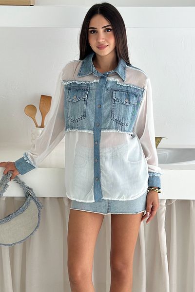 FEMELLE Women's Standard Size Transparent Chiffon Shirt with Pocket Denim Detail