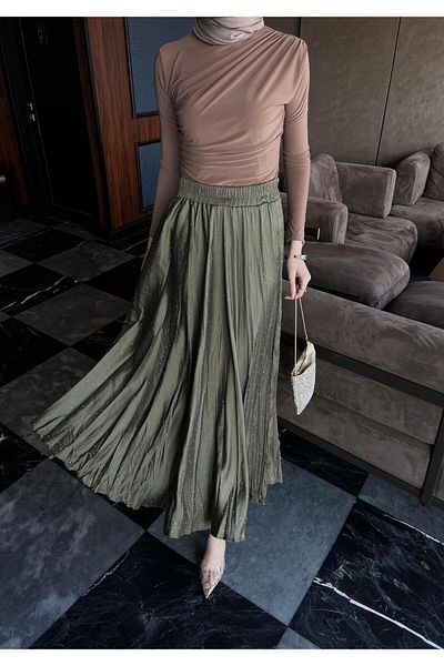 BİNAAR Stoned Kraş Satin Skirt Khaki