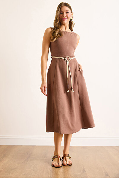 Olalook Γυναικείο φόρεμα μίντι λινό με λεπτομέρεια καφέ ζώνης ELB-19002488