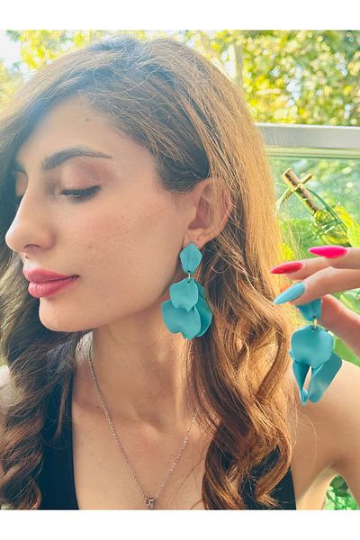 Gönülden Tasarım Leaf Design Women's Earrings 7 cm Blue
