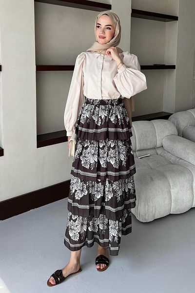 BİNAAR Patterned Layered Voile Skirt Brown