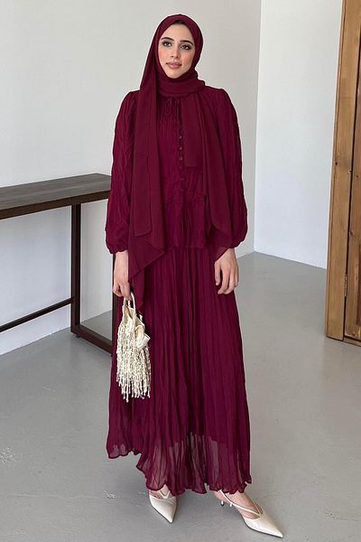 Pasaklıkontes Kraşlı Chiffon Skirt Suit Burgundy