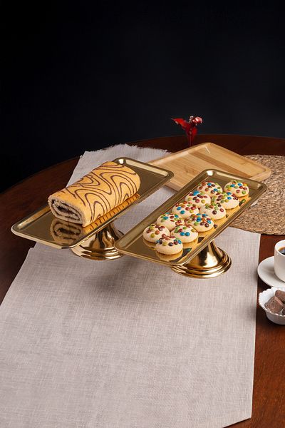 NEWTREND Züccaciye Luxury 2-Piece Rectangular Gold Footed Cake, Cake, Cookie, Dessert, Treat, Dowry Presentation Serving Stand