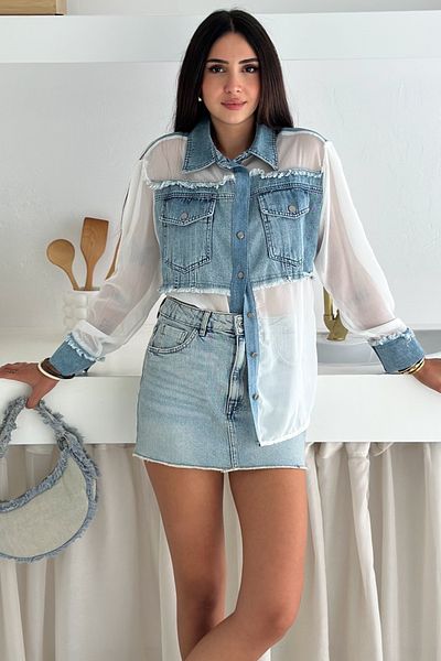 FEMELLE Women's Standard Size Transparent Chiffon Shirt with Pocket Denim Detail